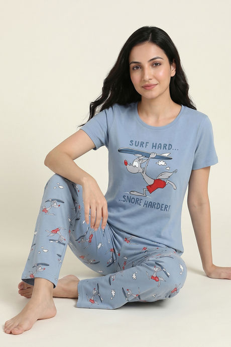 Zivame Farm Lore Knit Cotton Pyjama Set - Ashley Blue Buy Zivame Farm Lore Knit Cotton Pyjama Set - Ashley Blue